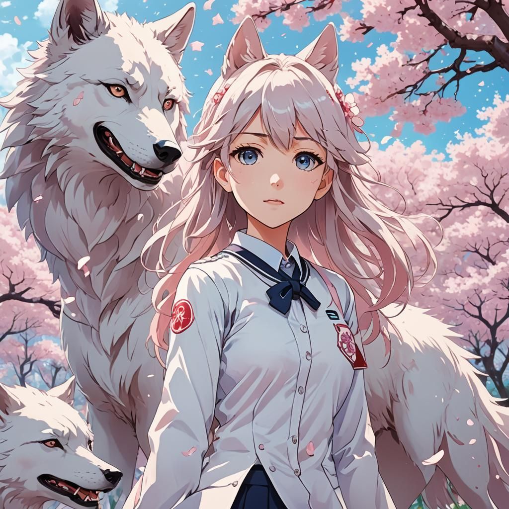 Anime Style Schoolgirl and Wolf Under Sakura Blossoms