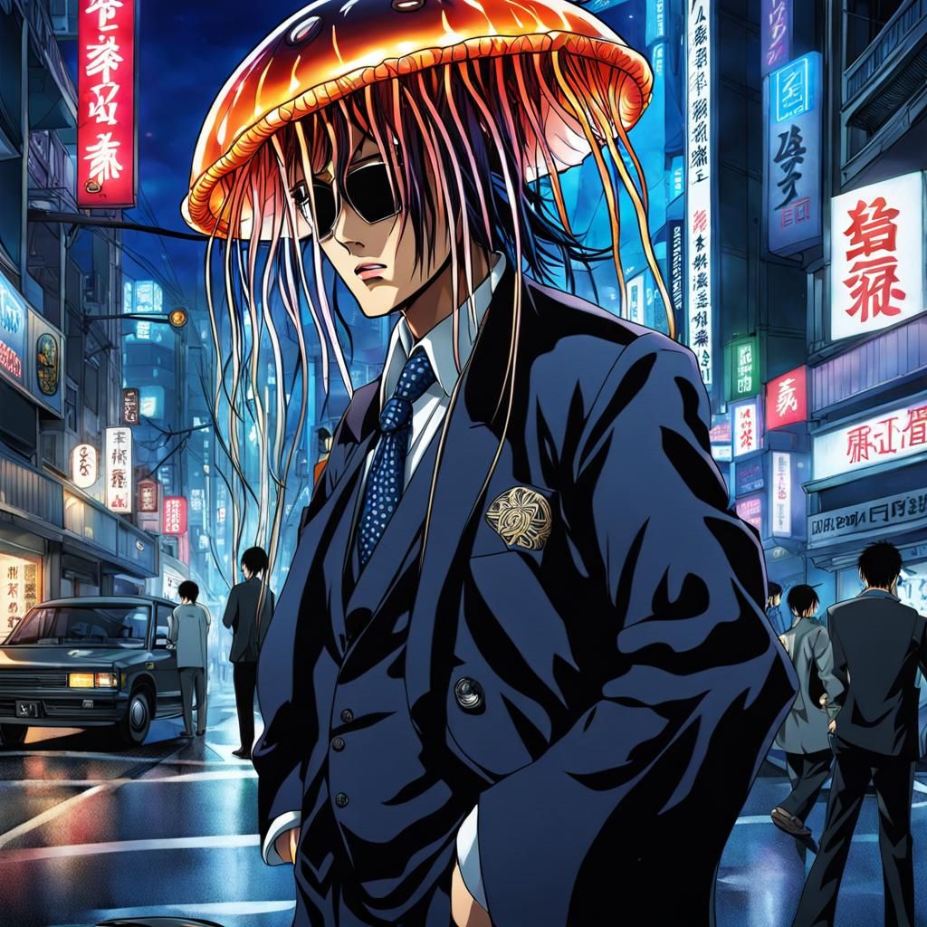 Jellyfish Yakuza in City Street, Anime Style