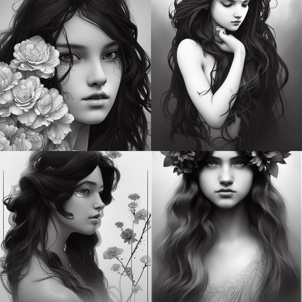 Monochrome Portrait of a Girl with Flowers