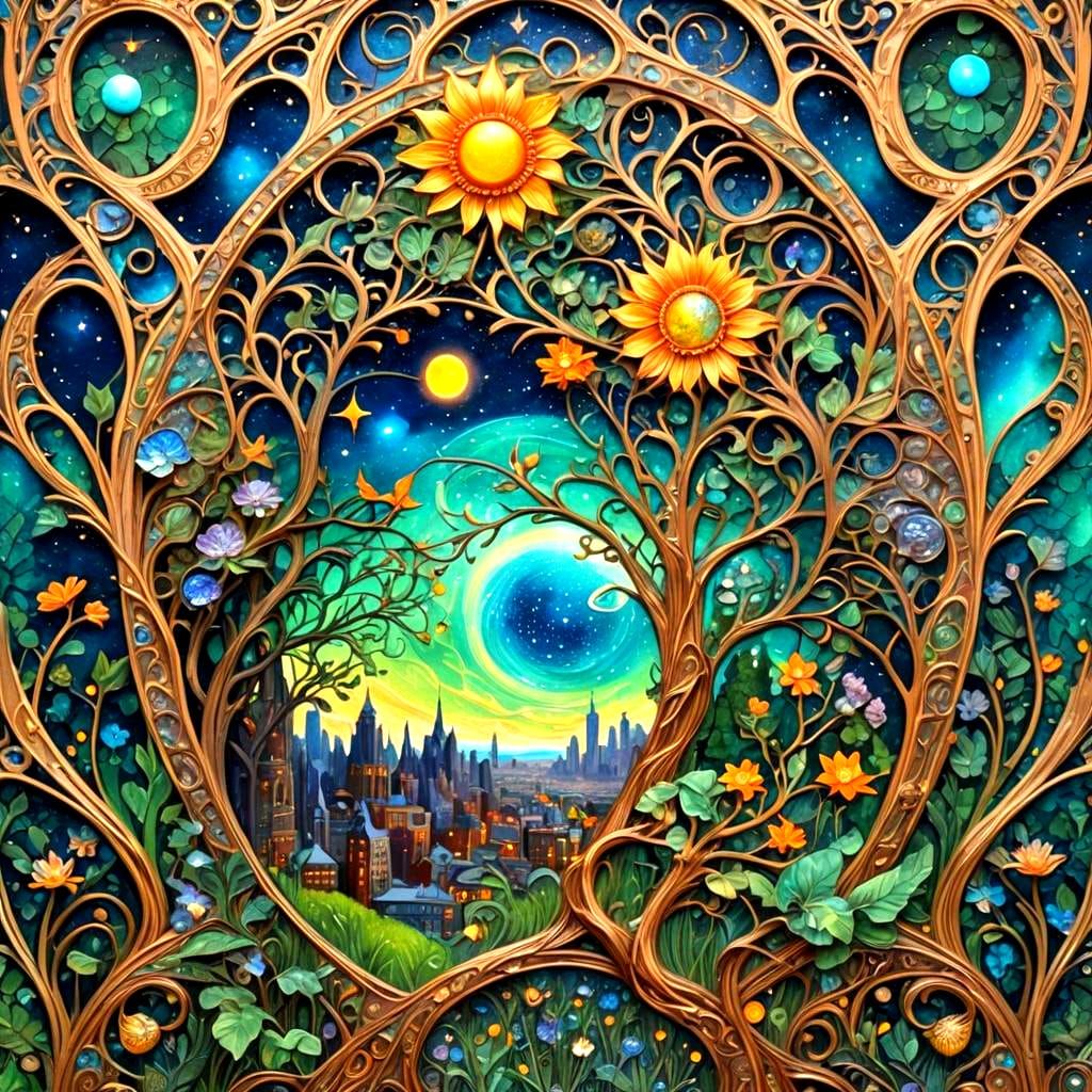 City Versus Nature: Art Nouveau Impasto Illustration