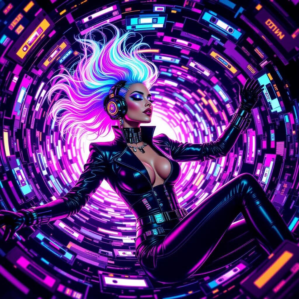 Glamorous Cybernetic Woman in Retro-Futuristic Neon Vortex