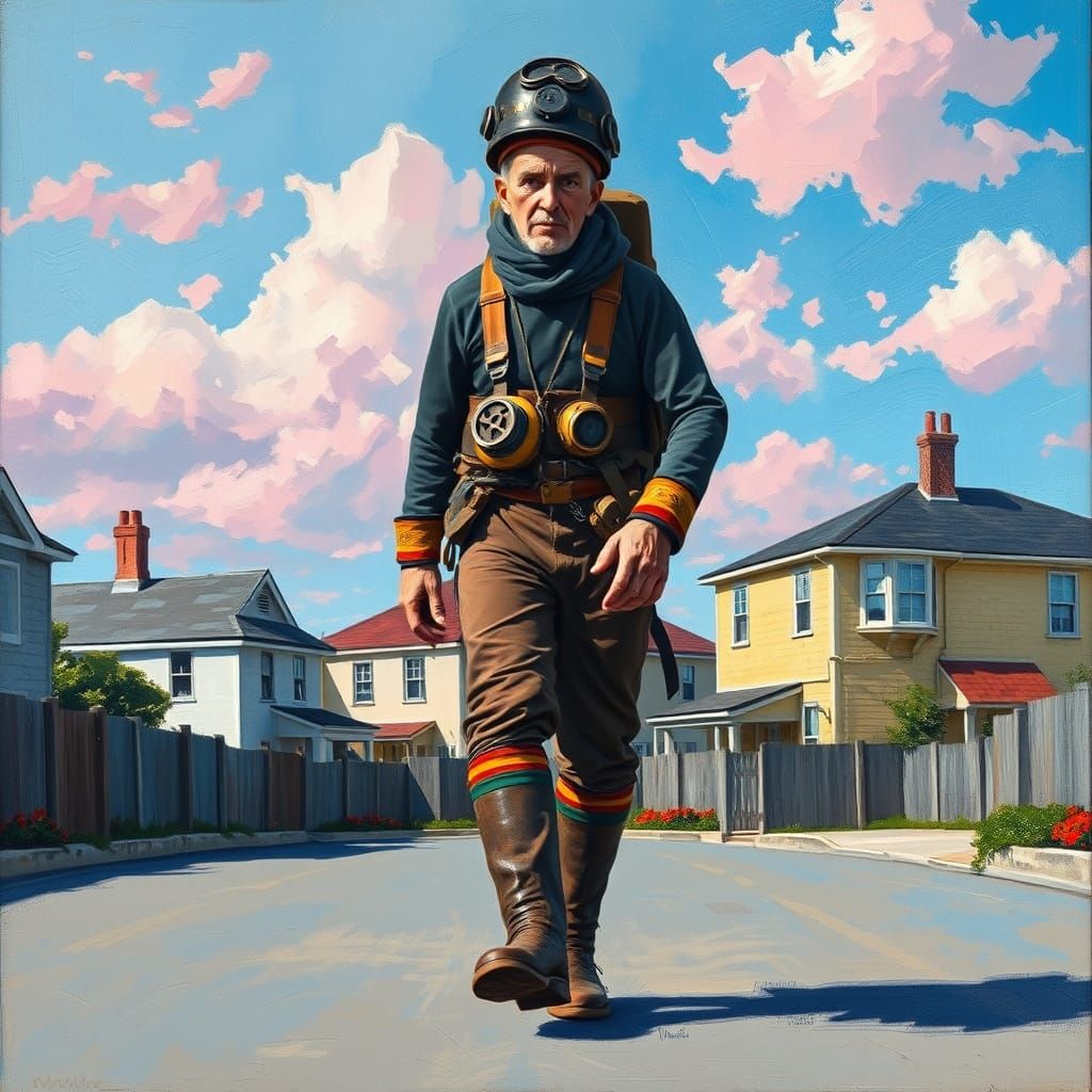 Deep-Sea Diver Walks Street in Neo-Impressionist Style