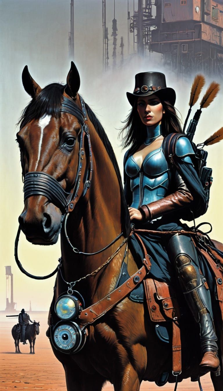 Steampunk Cowgirl in Dusty Desert Landscape