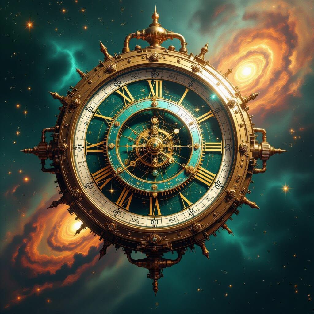 Antique Clockwork Astrolabe Above Emerald Nebula