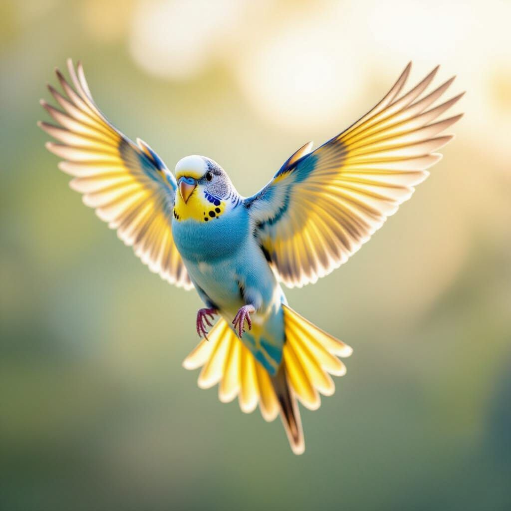 Hyperrealistic Budgie in Flight