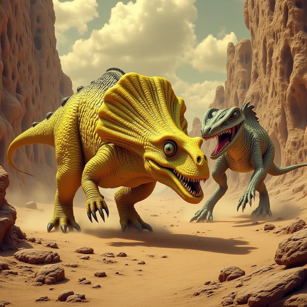 Armored Protoceratops Battles Velociraptor in Desert