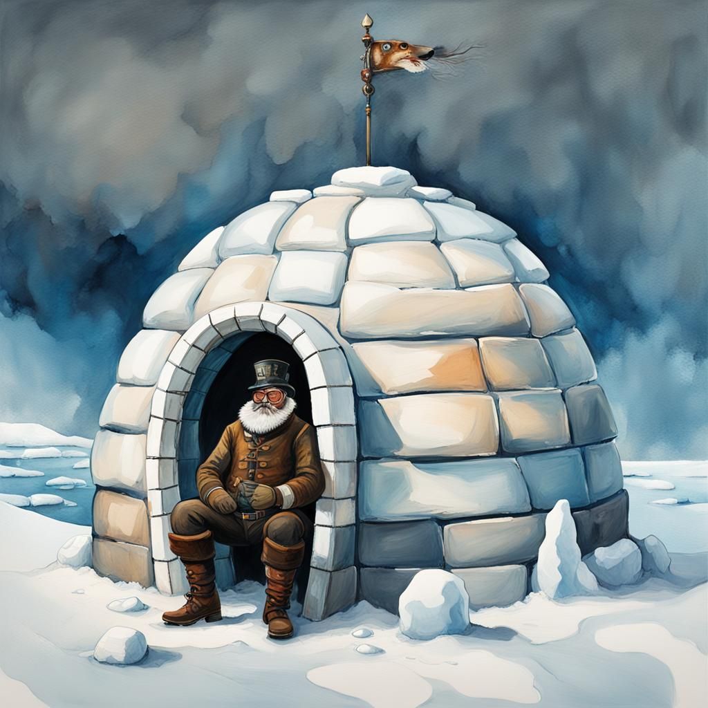Steampunk Inuit and Igloo in Gouache Style
