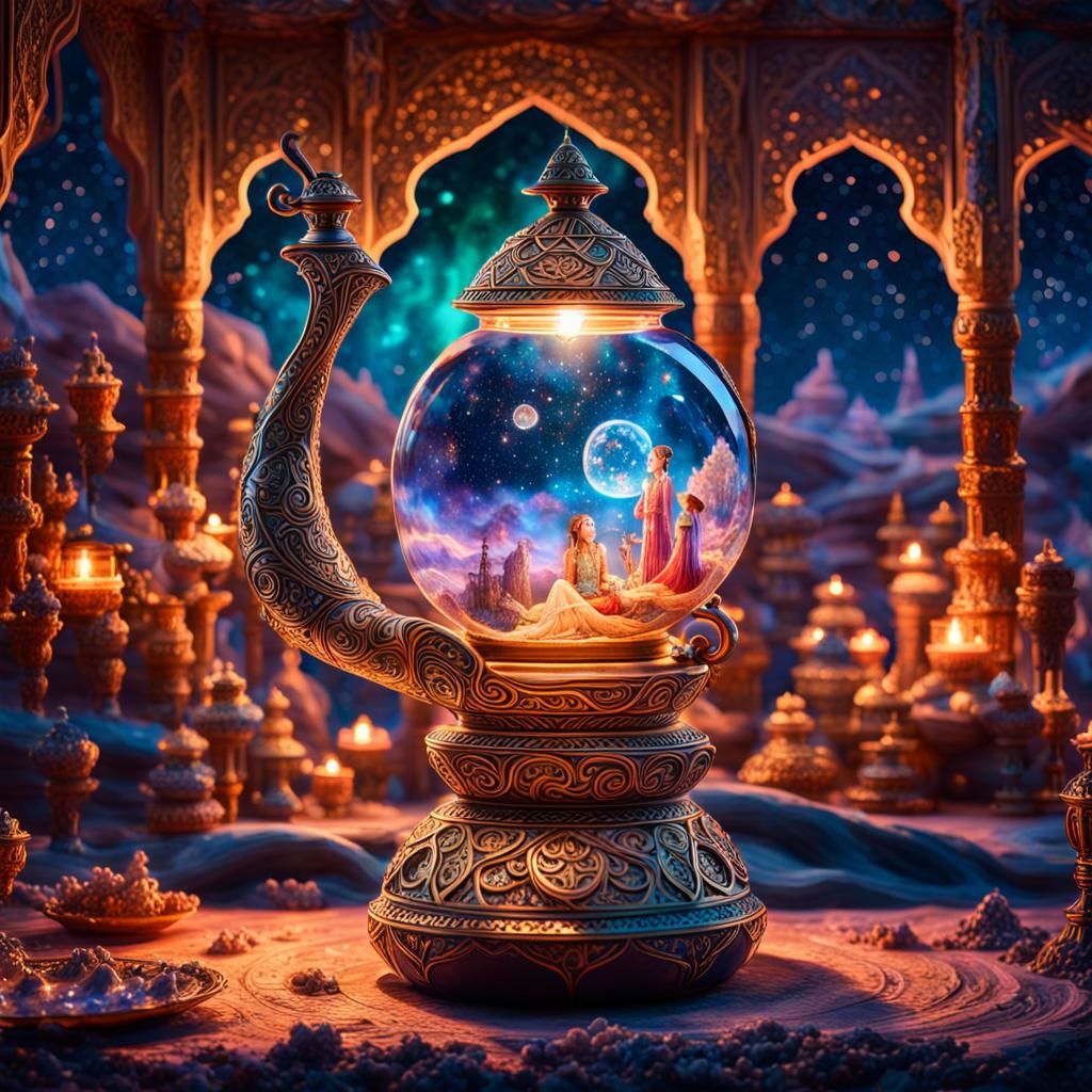 “Stunning and beautiful starry oriental landscape pouring from a delicate crystal Magic lamp Aladdin!!!” Josephine Wall ...