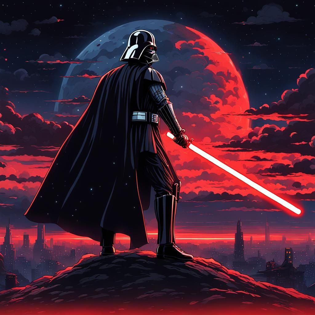 Darth Vader with Lightsaber in 90s Anime Style