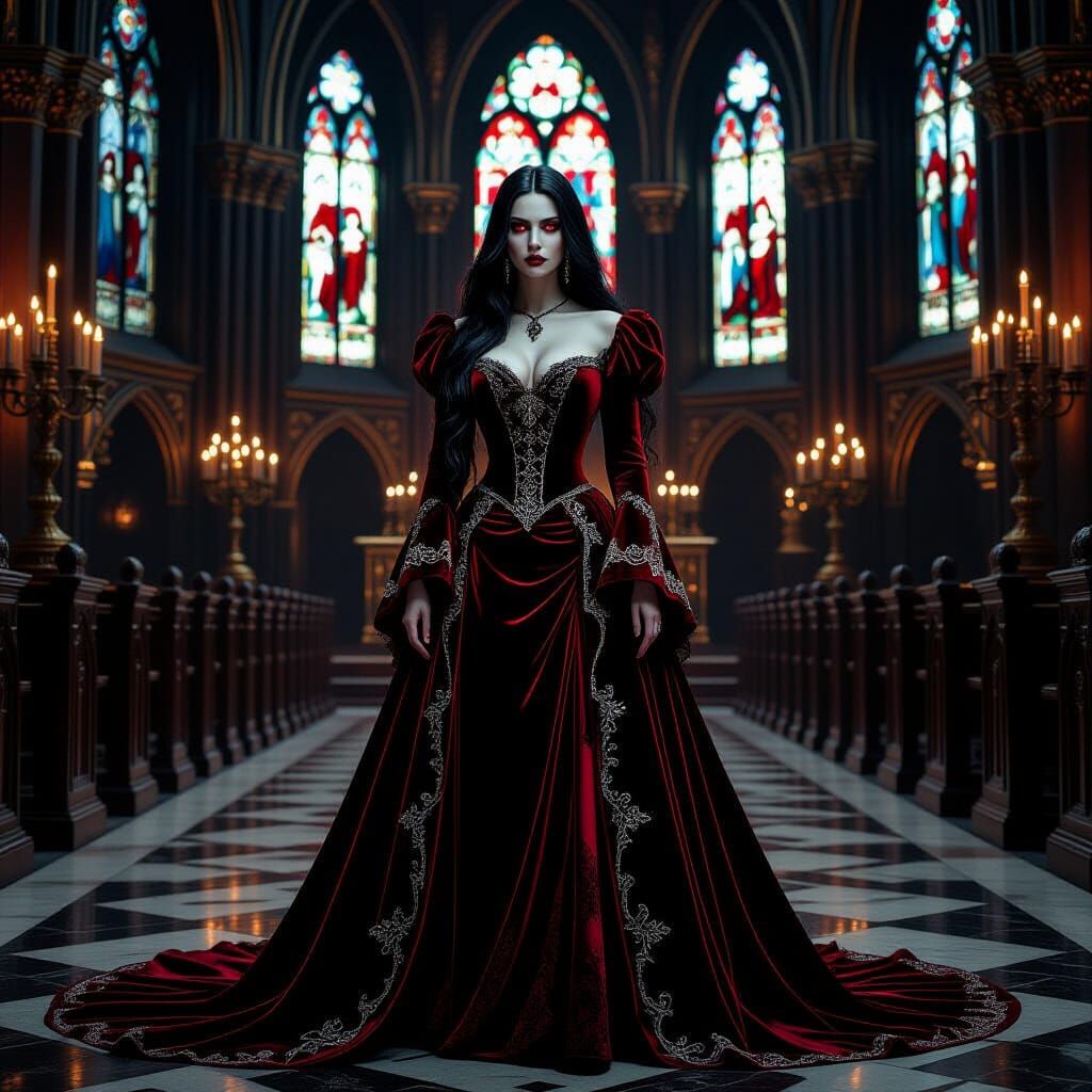 A sorrowful vampire countess with long, flowing black hair a...