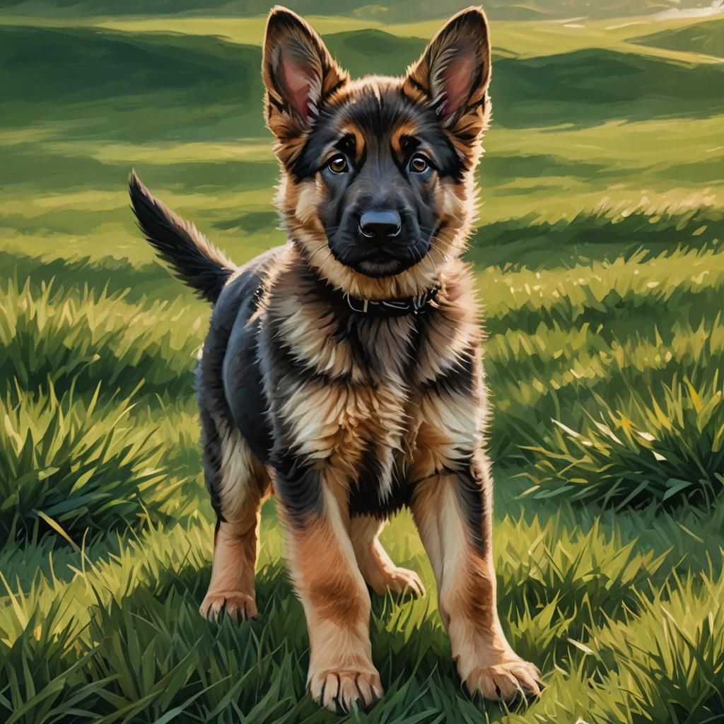 German Shepherd Puppy Plays on Grassy Hill