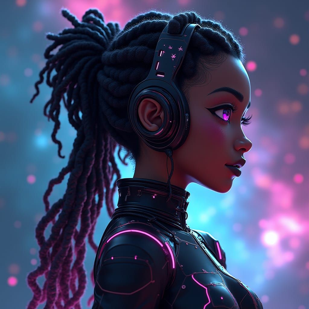 Intergalactic Afro-Futurist Woman in Cyberpunk Galaxy