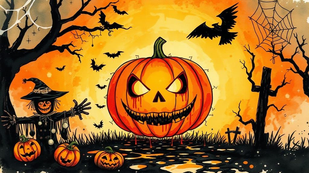 Creepy Ink Splotch Jack-O-Lantern Halloween Scene