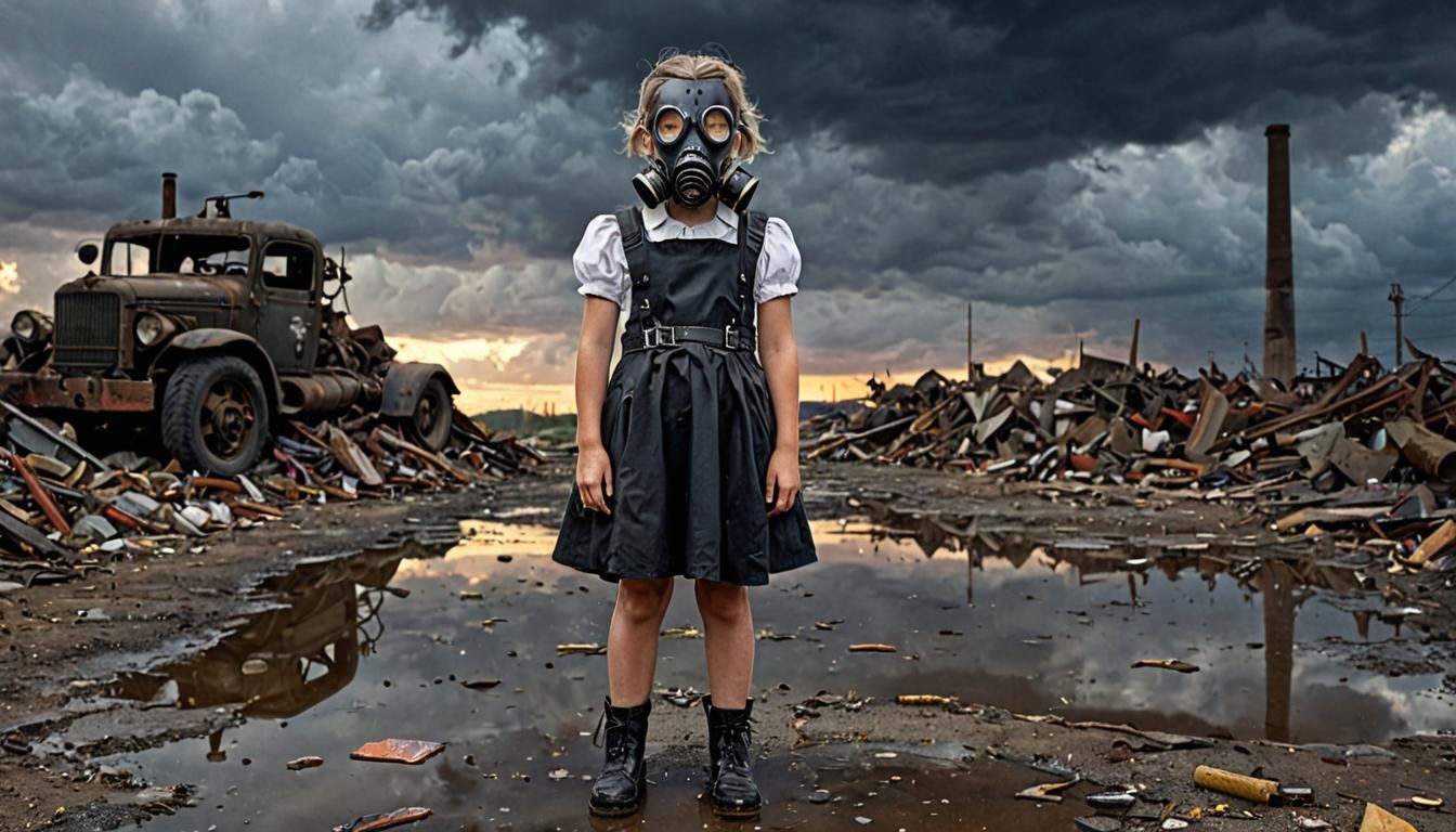 Dieselpunk Wasteland: Girl Amidst Ruined World War 2 Landsca...