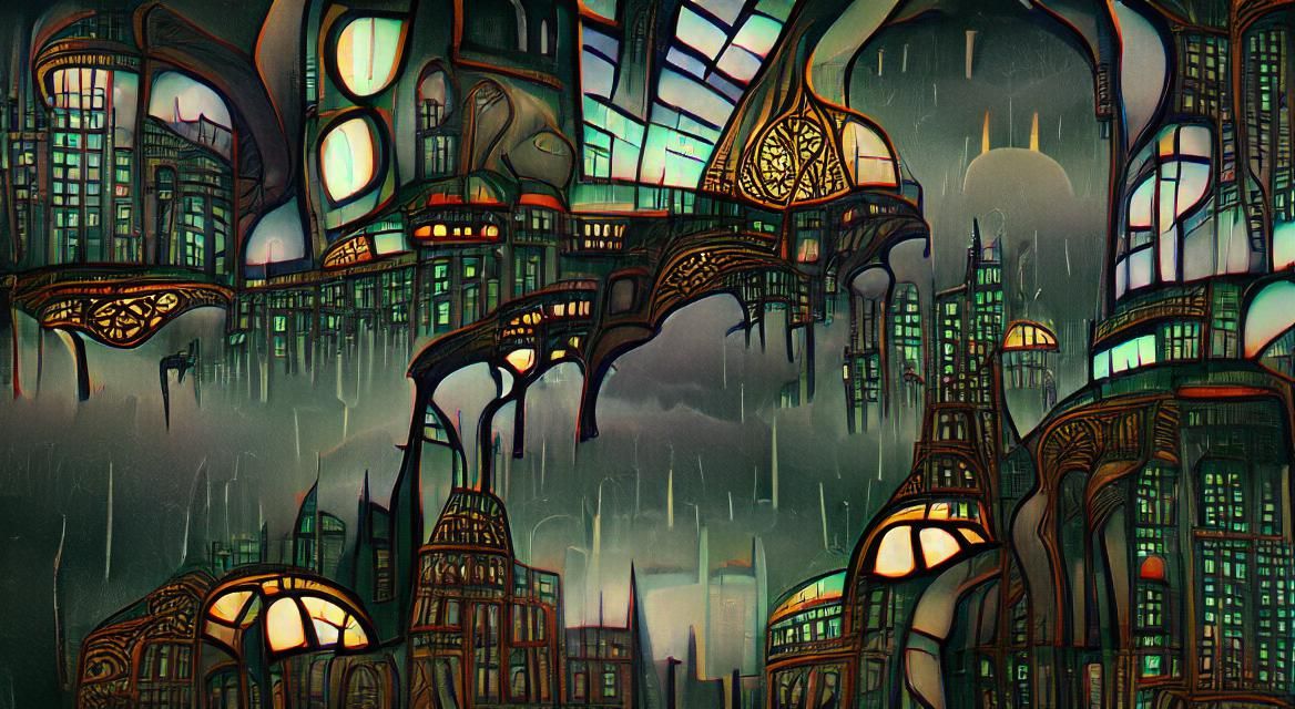 Rainy Grimdark Art Nouveau Sci-Fi Cityscape