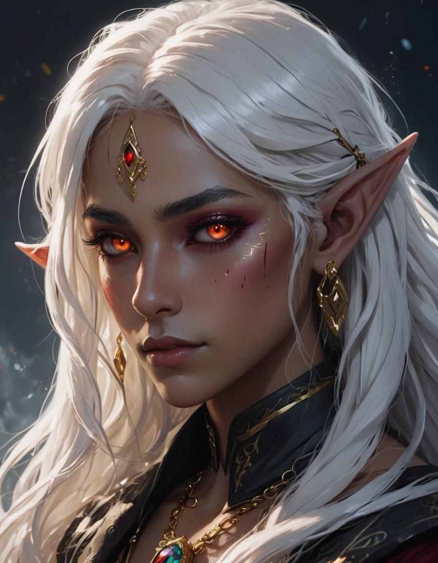 Anime Elf Portrait with White Hair and Red Eyes
