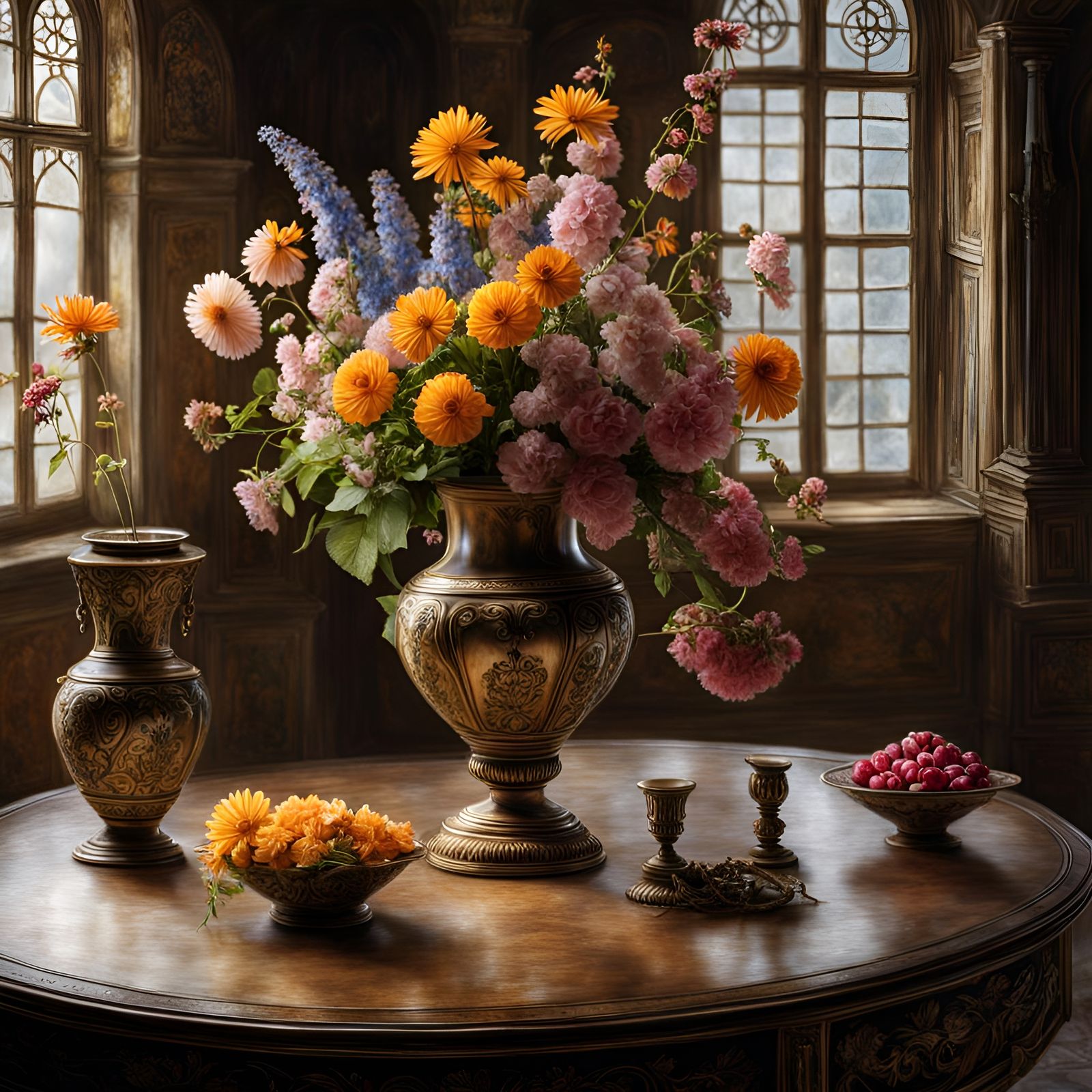 Hyperrealistic Flowers in Old House, Fairytale Style