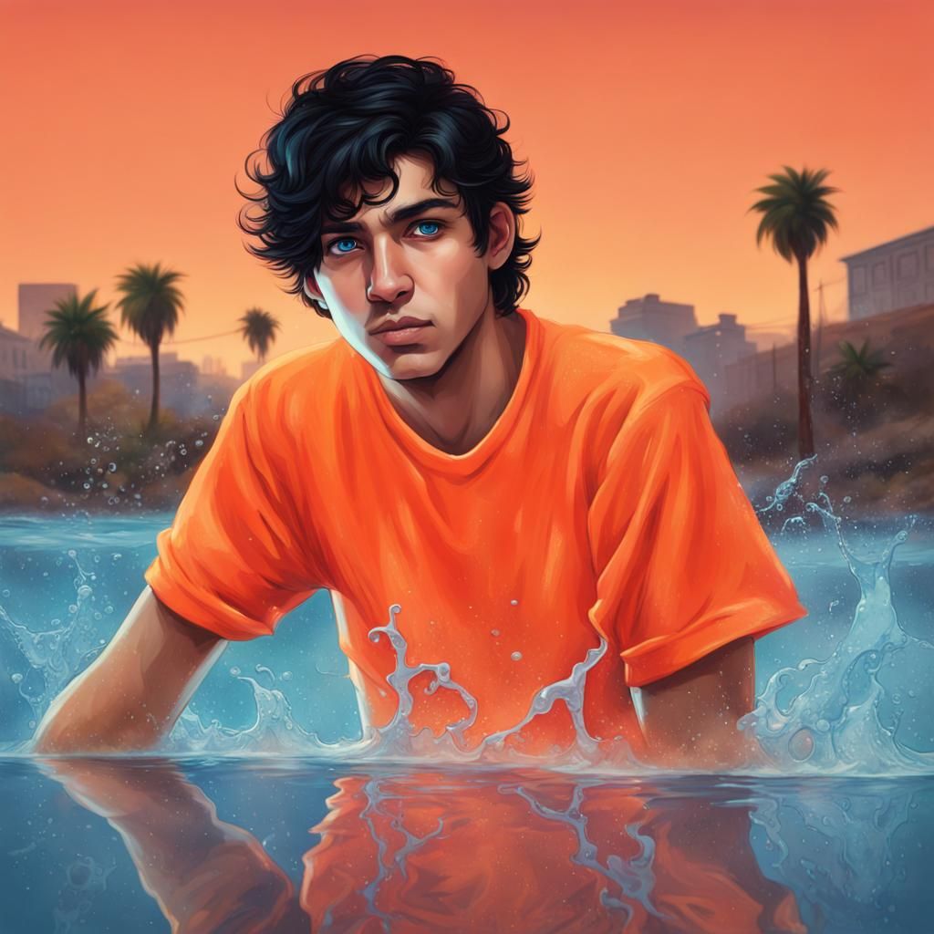 Teenage Boy with Blue Eyes and Orange Shirt