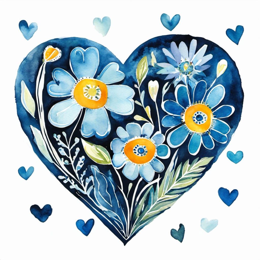 Floral Blue Heart in Watercolor Art Brut Style