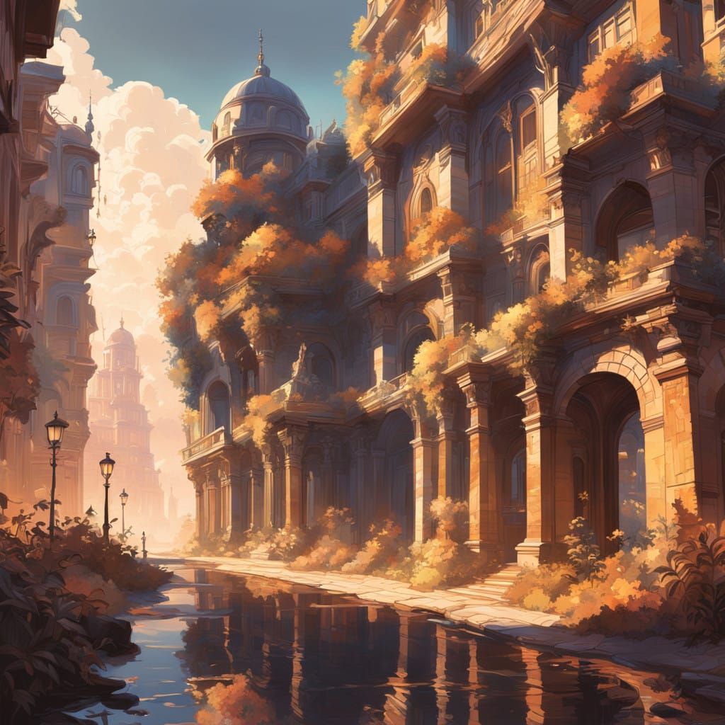 Ethereal Metropolis in Golden Light, Fantasy Concept Art