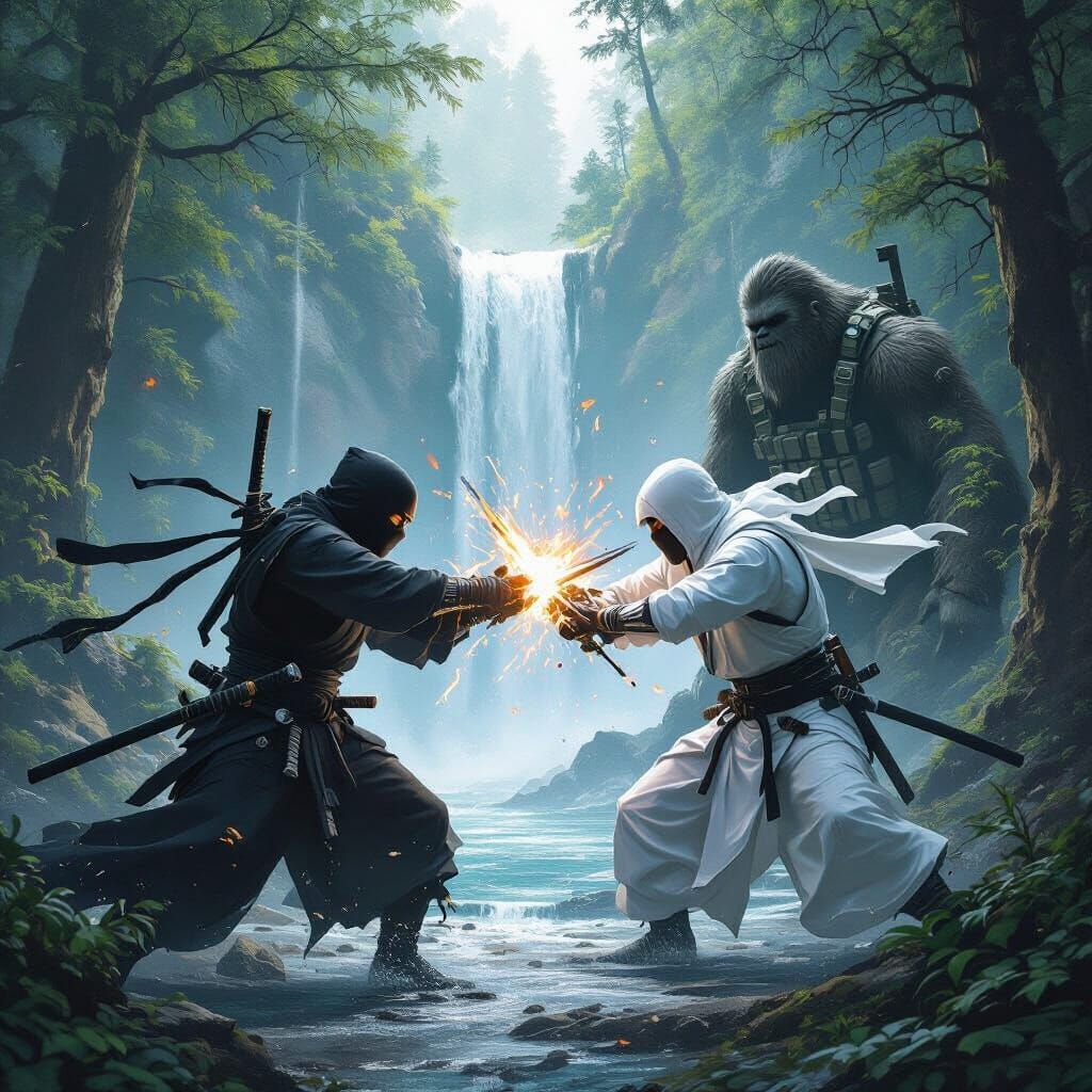 Ninjas Battle by Waterfall While Sasquatch Watches