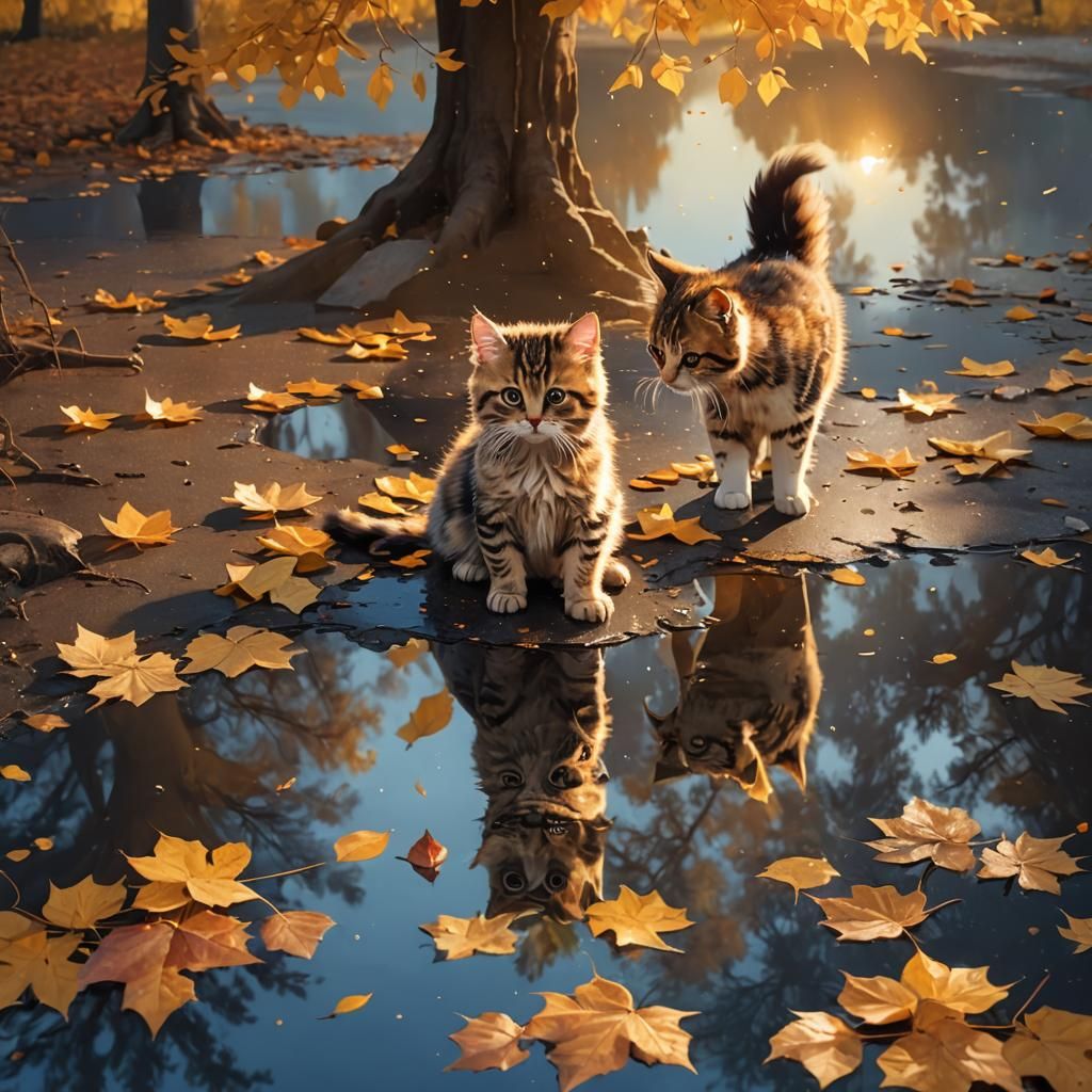 Puppy and Kitten Reflect in Autumn Puddle