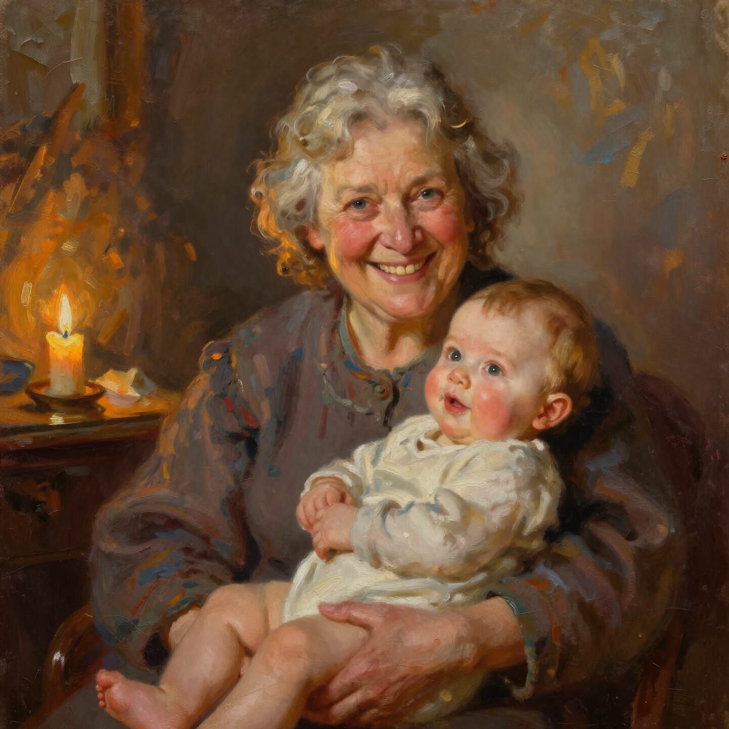 Elderly Woman Smiling with Baby in Oil Painting Style