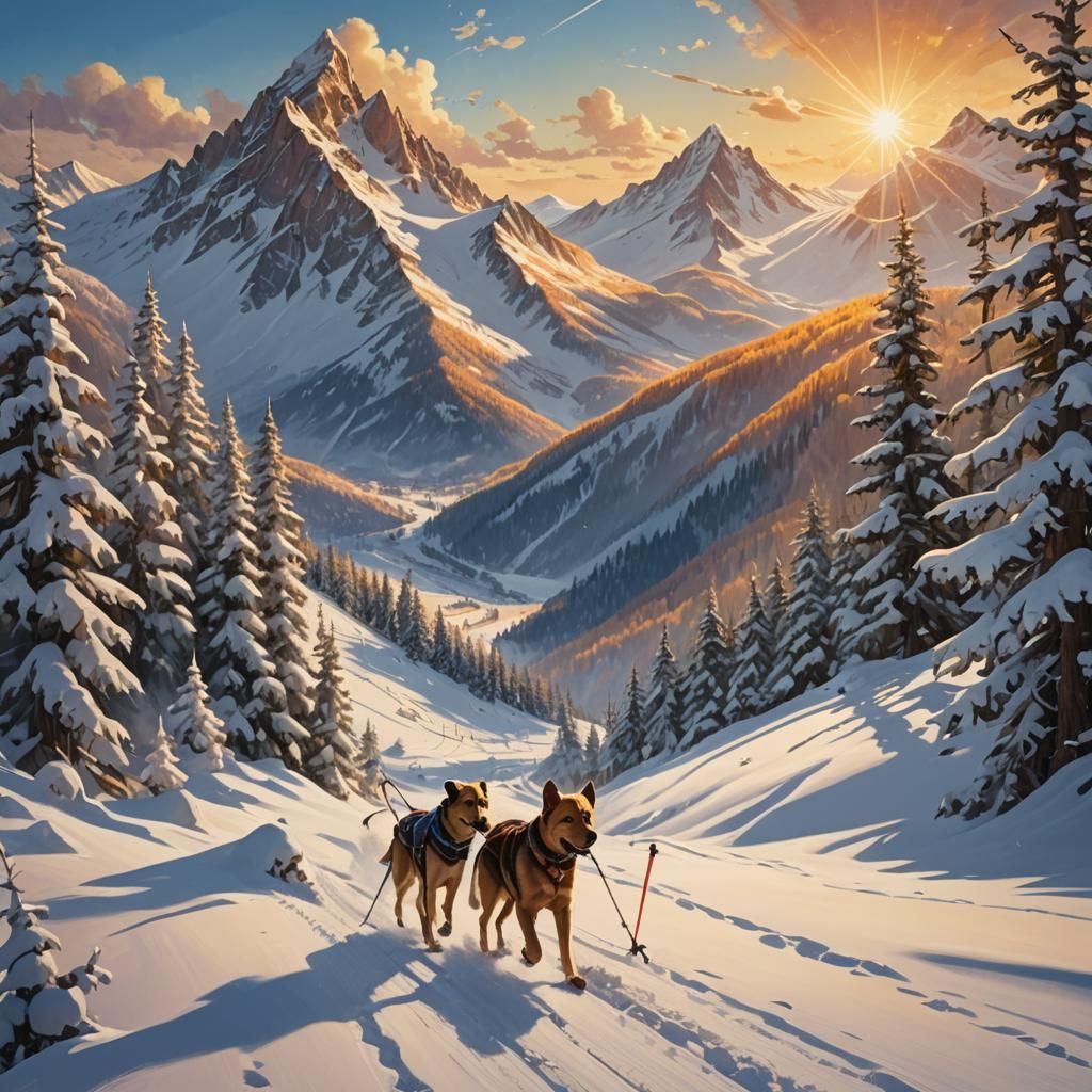 Boy and Dog Skiing: Vibrant Oil Painting