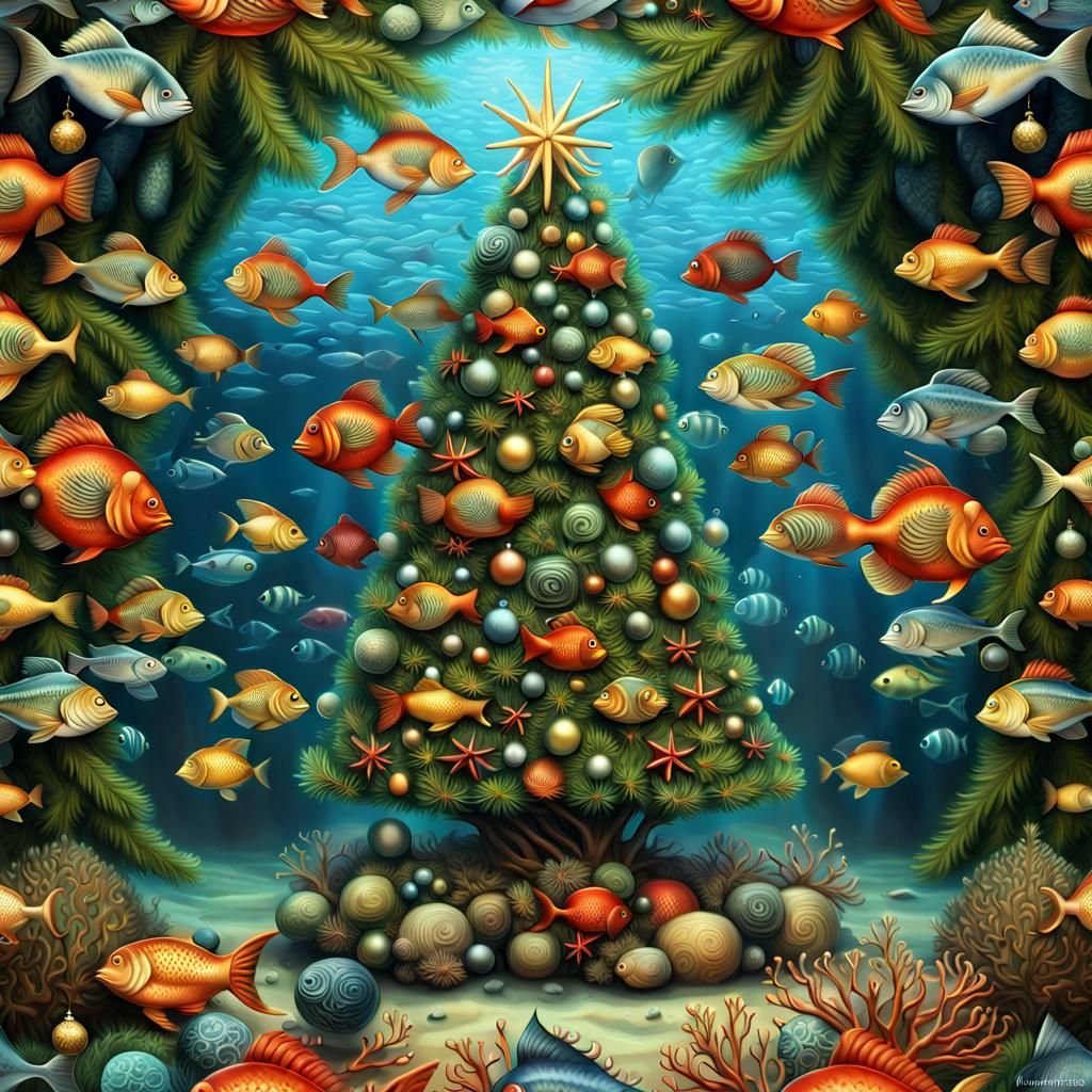 Underwater Christmas Tree with Seaweed and Fish