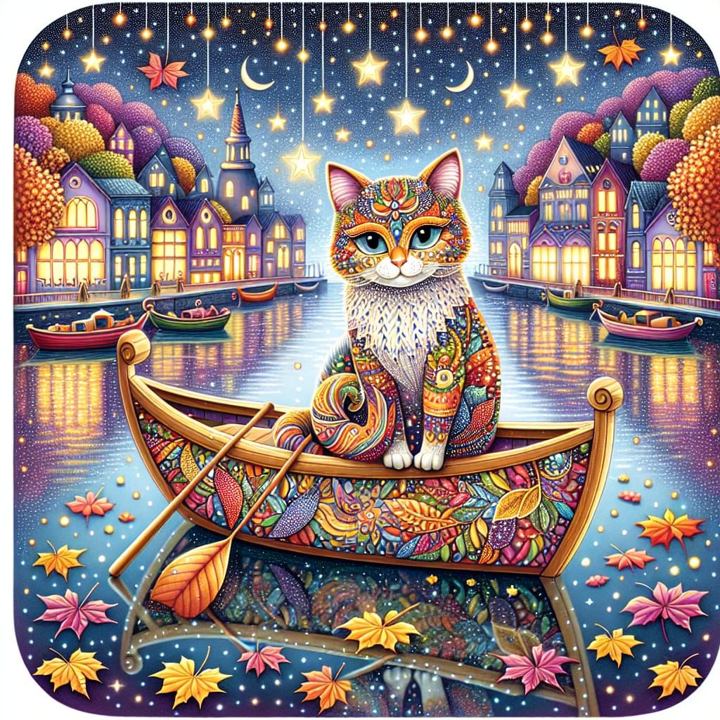 Patterned Cat in Boat Under Starry Autumn Sky