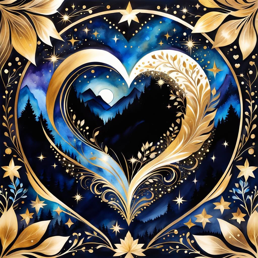 Golden Heart Silhouette in Watercolor Style