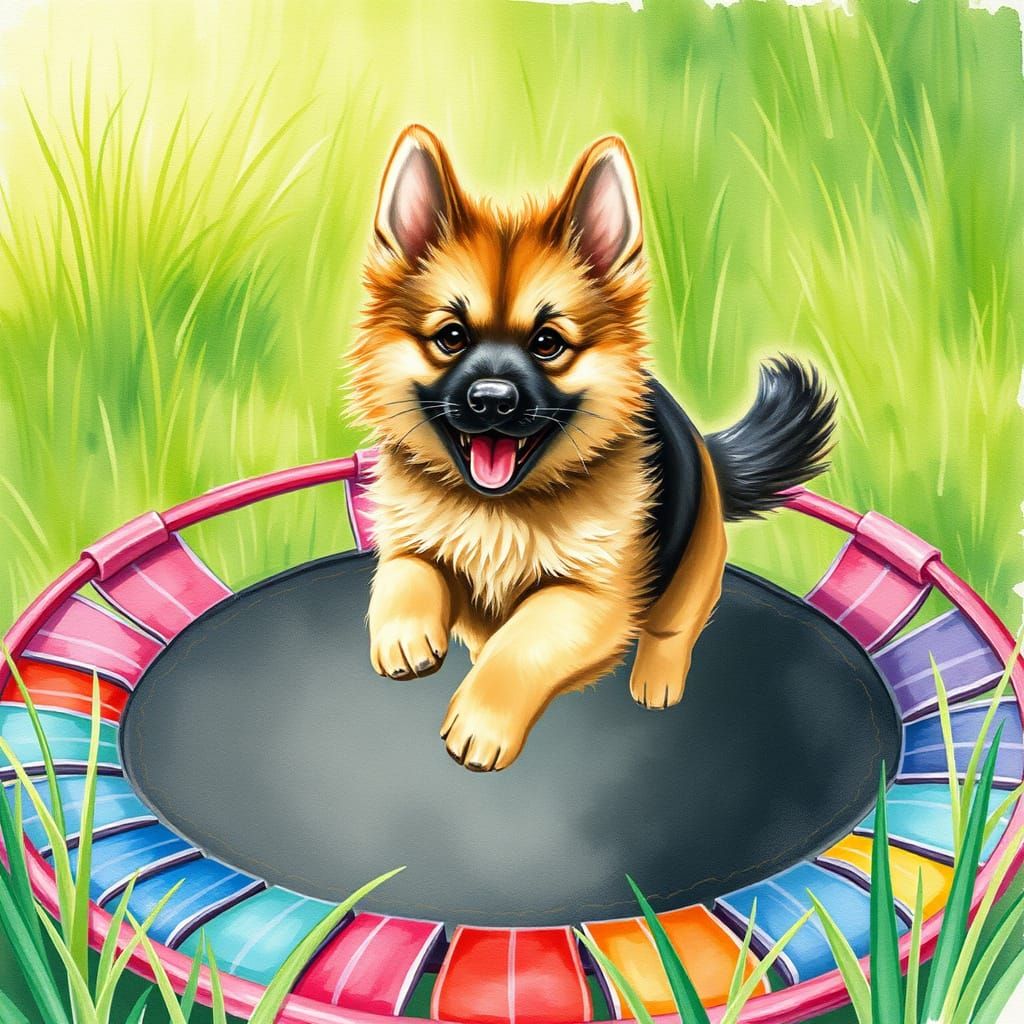 German Shepherd Dog Leaps on a Whimsical Watercolor Trampoli...