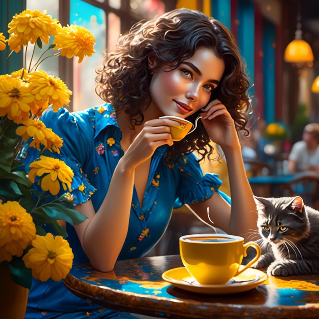 Woman with Cat in Cafe: Hyperrealistic Digital Art