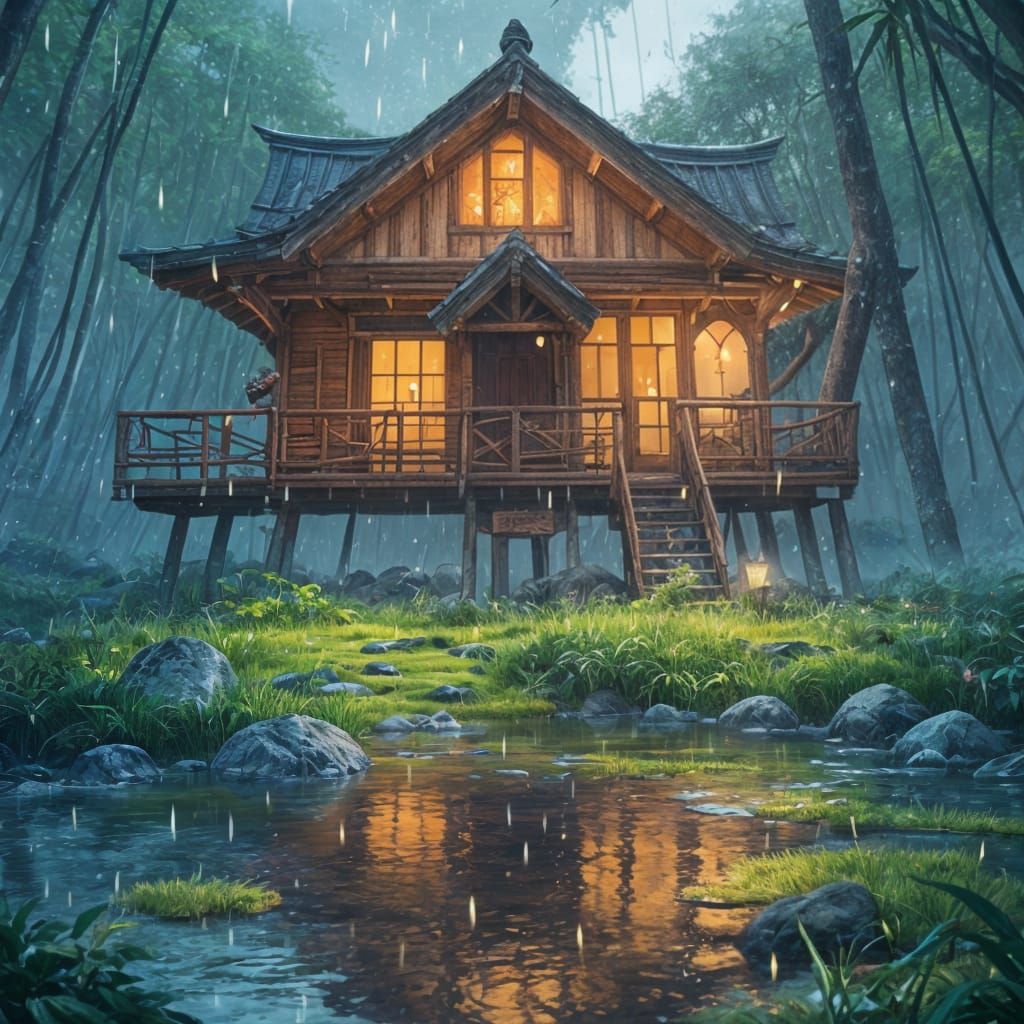 Bamboo Coastal Town in Anime-Inspired Rainy Landscape