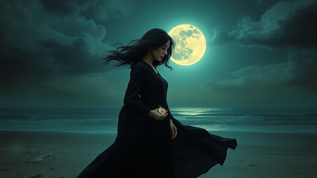 Moonlit Woman on the Shore in Dreamlike Style