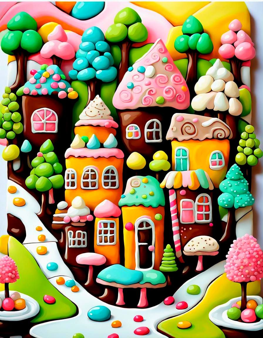 Whimsical Candy Landscape with Chocolate & Pastry Houses