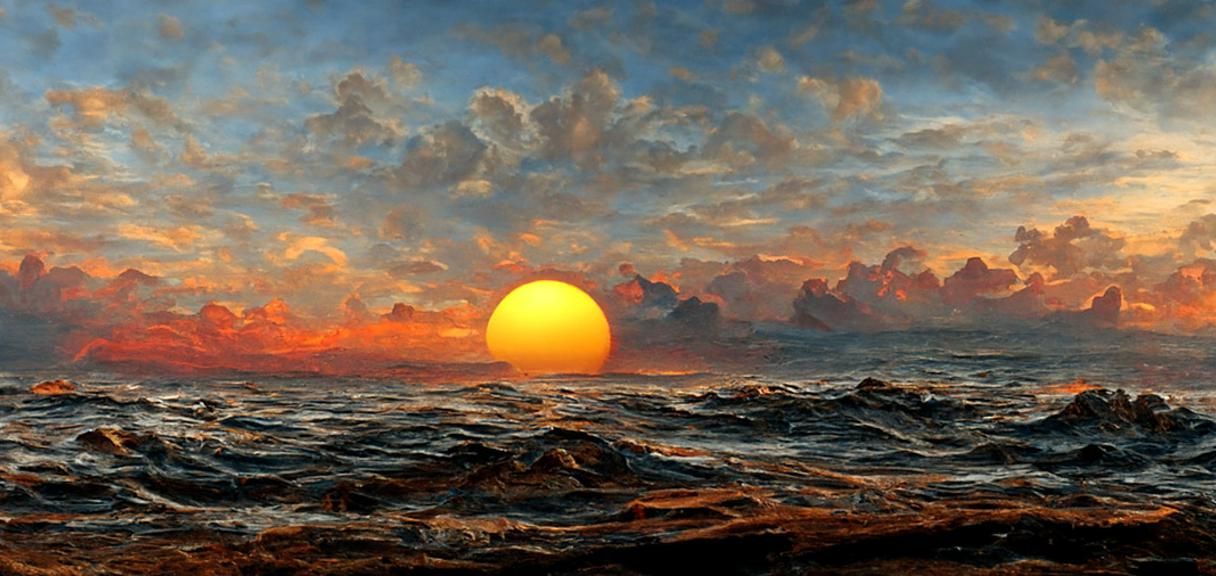 Hyperdetailed Ocean Sunset Reflecting Sunlight