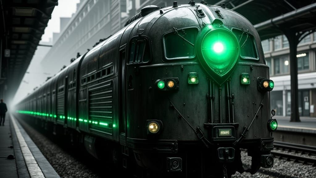Futuristic Train Engine with Green Headlamp