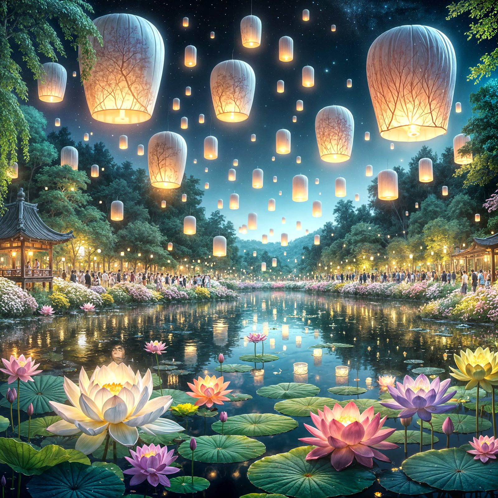 Dreamy Night Scene with Blooming Lotus and Floating Lanterns