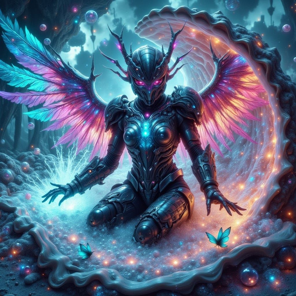 Cyber Angel Emerges From Seashell in Synthwave Style