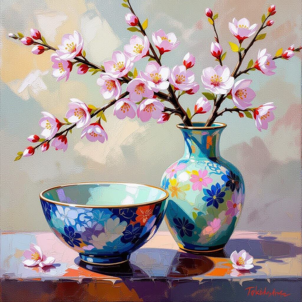 Japanese Cherry Blossoms in Impasto Oil Painting