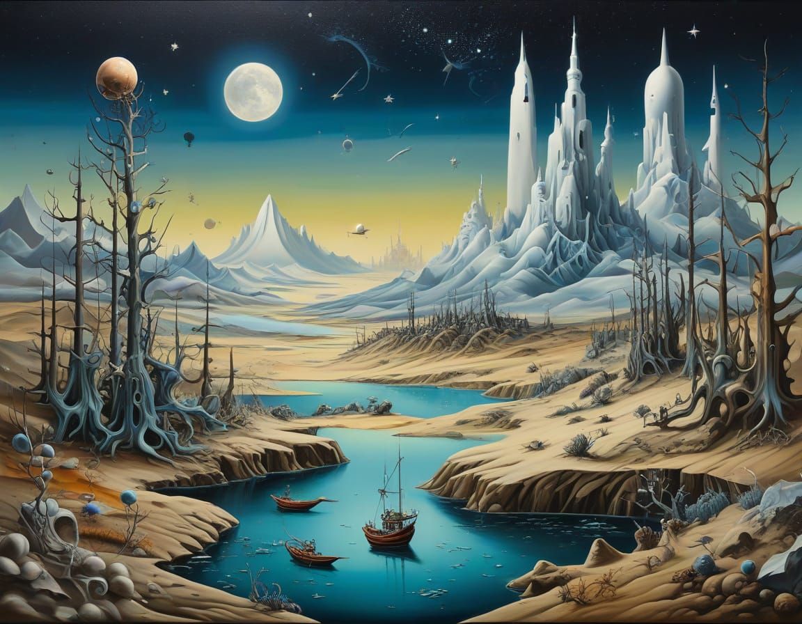 Denver Cityscape Unfolds Under Starry Surrealist Night