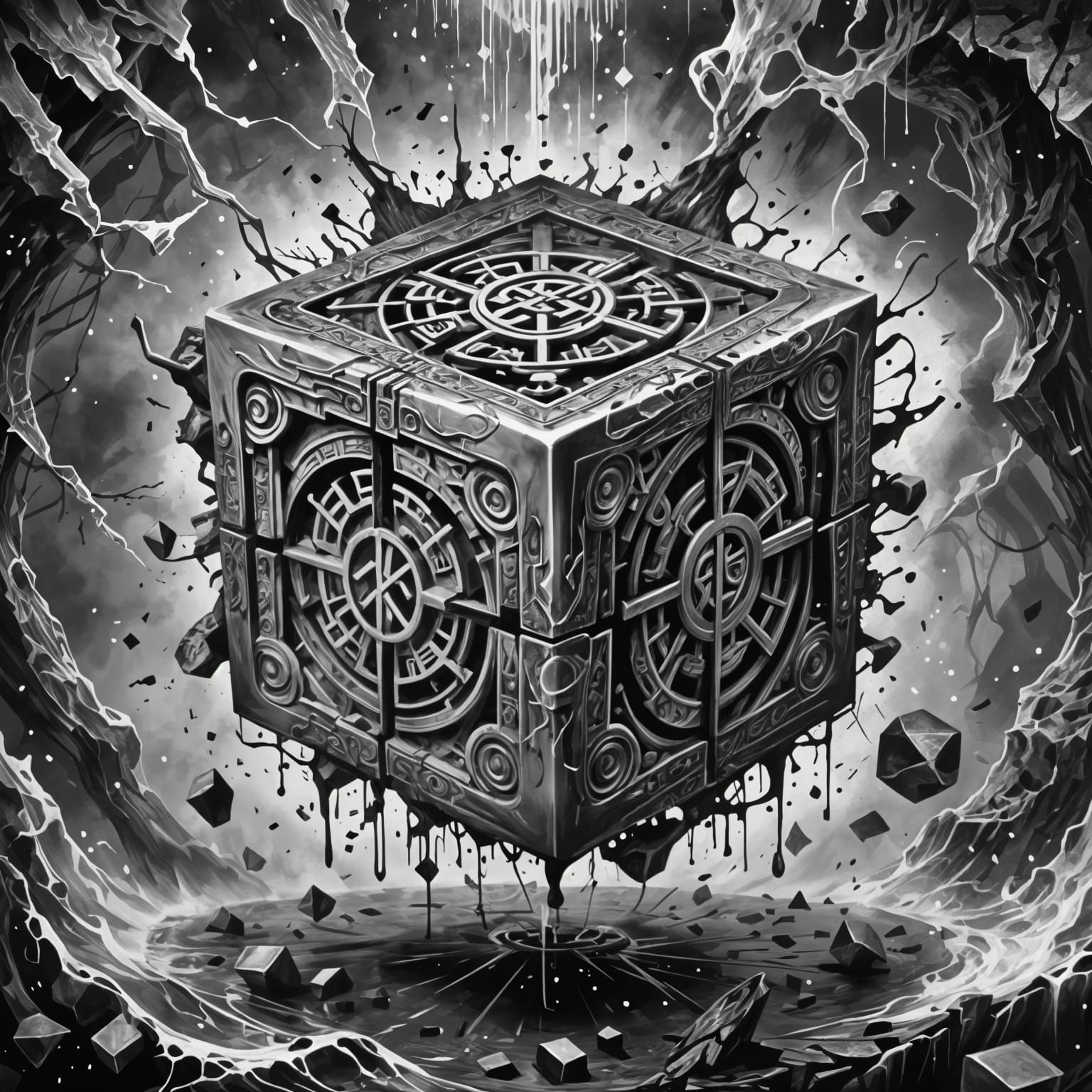 Magical Runed Cube: Ancient Destroyer in Ink Art