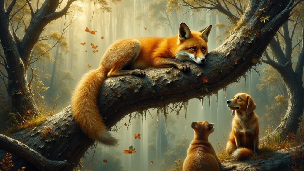 Relaxed Fox on Branch, Hounds Below