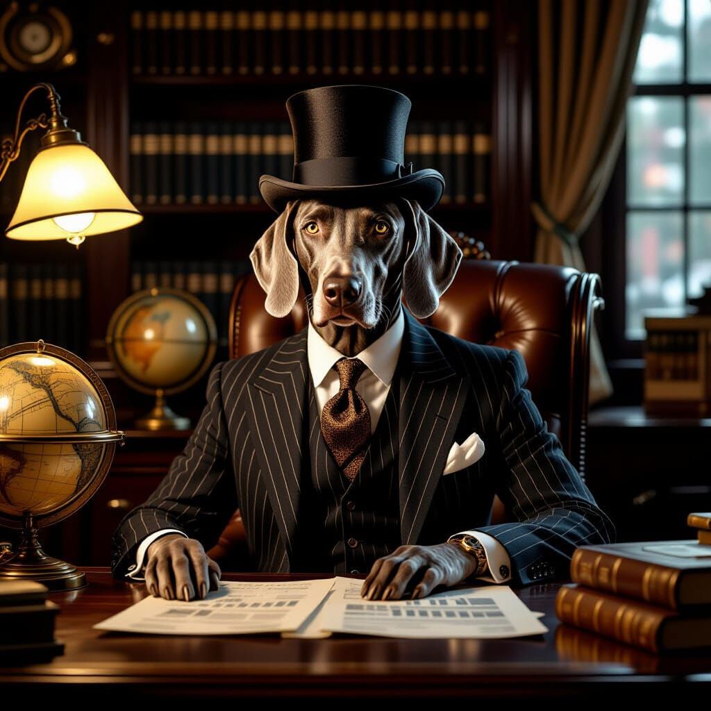 Steampunk Weimaraner at Desk: Financial Gravitas and Whimsy