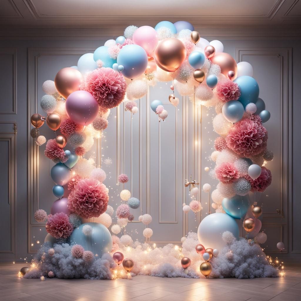 The glittering sparkly electric portal to your future with balloons and flowers decorating it
