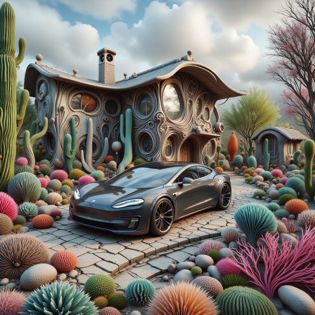 Tesla in Wonky House Garden, Alcoholic Ink Style