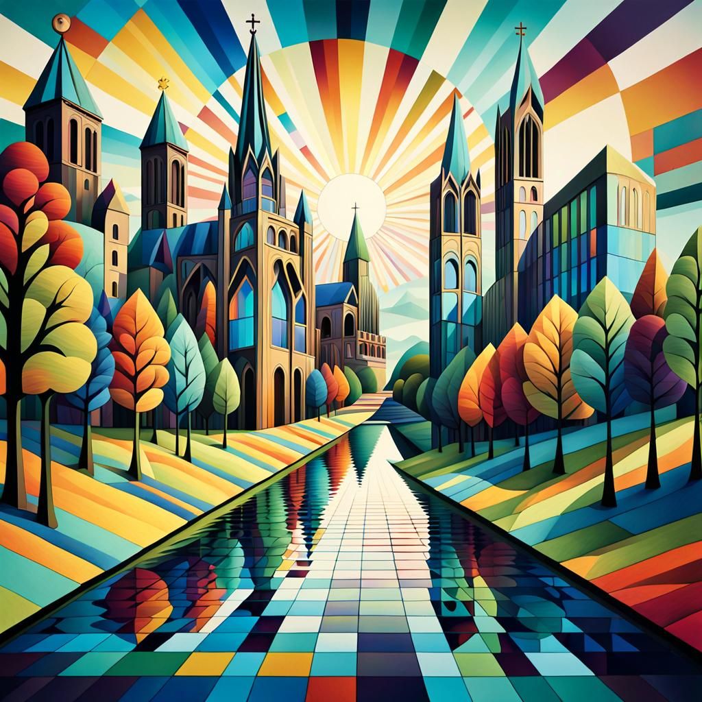 Vibrant Op Art Landscape in the Style of Victor Vasarely