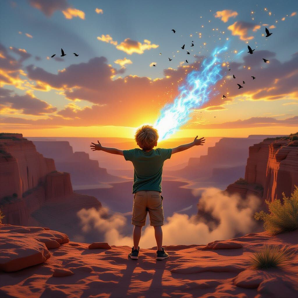 Boy with Fiery Chest Leaps Off Canyon Cliff at Sunset
