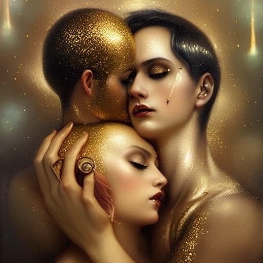 Passionate Embrace in Golden Rain, Detailed Matte Painting